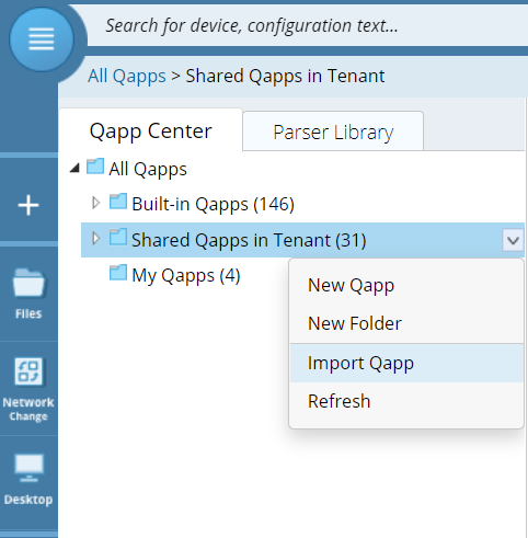 Qapp center > shared qapps in tenant > import