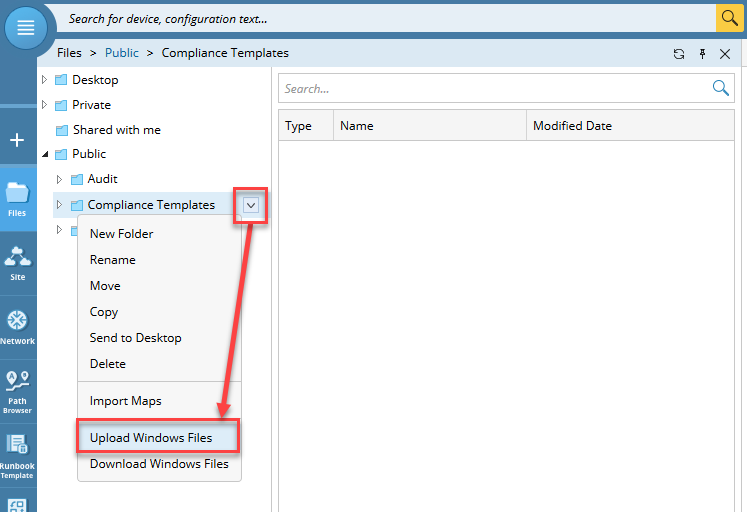 files > desired folder > select drop-down (or right click) > upload!